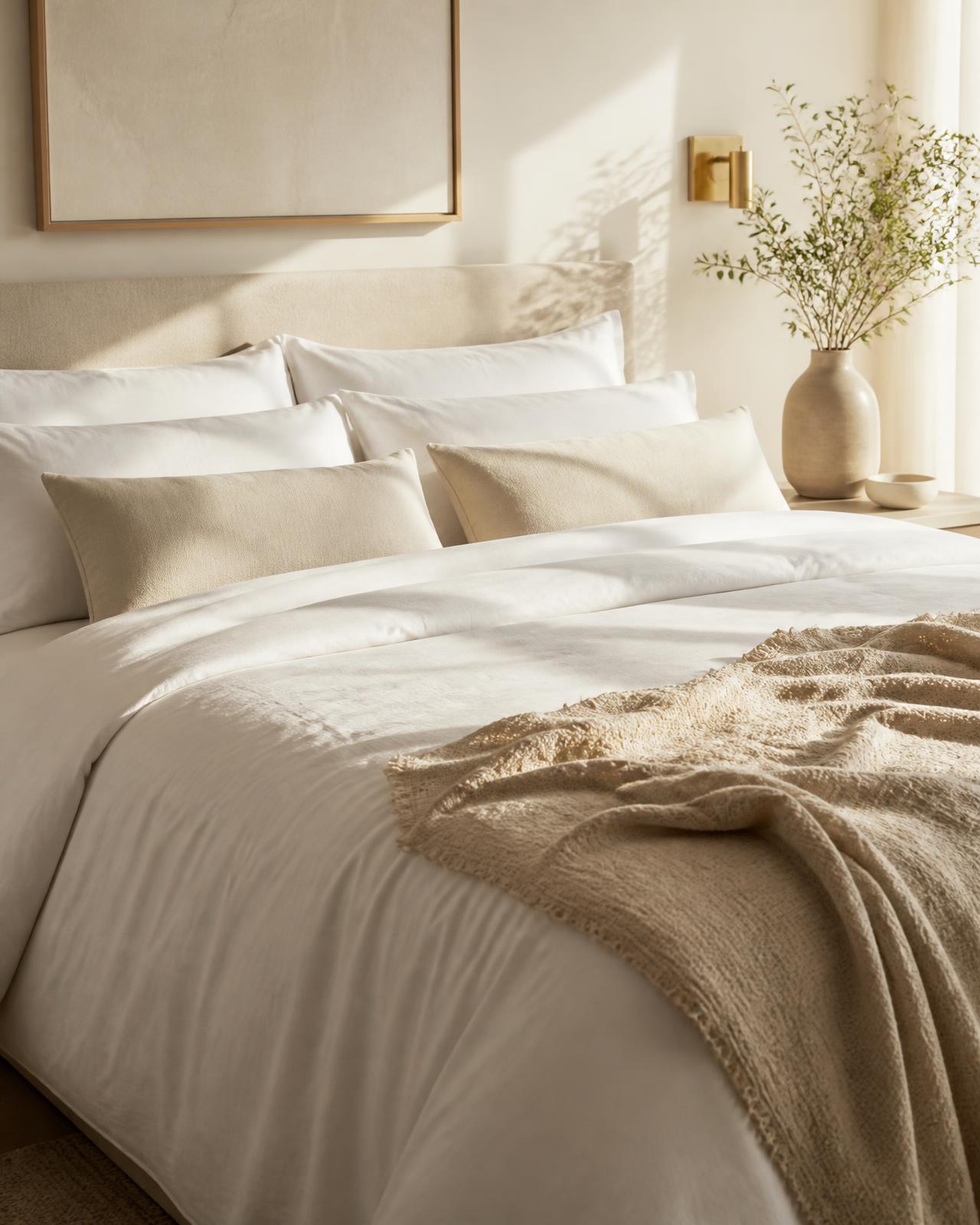 Freshly made bed with crisp white linen