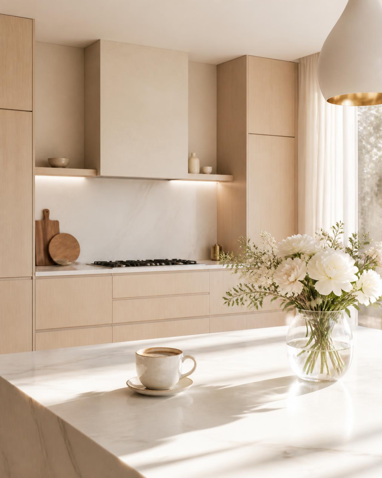 Spotless minimal kitchen with marble worktop