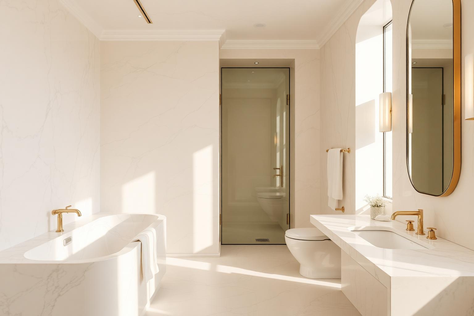Sparkling marble bathroom in warm cream tones