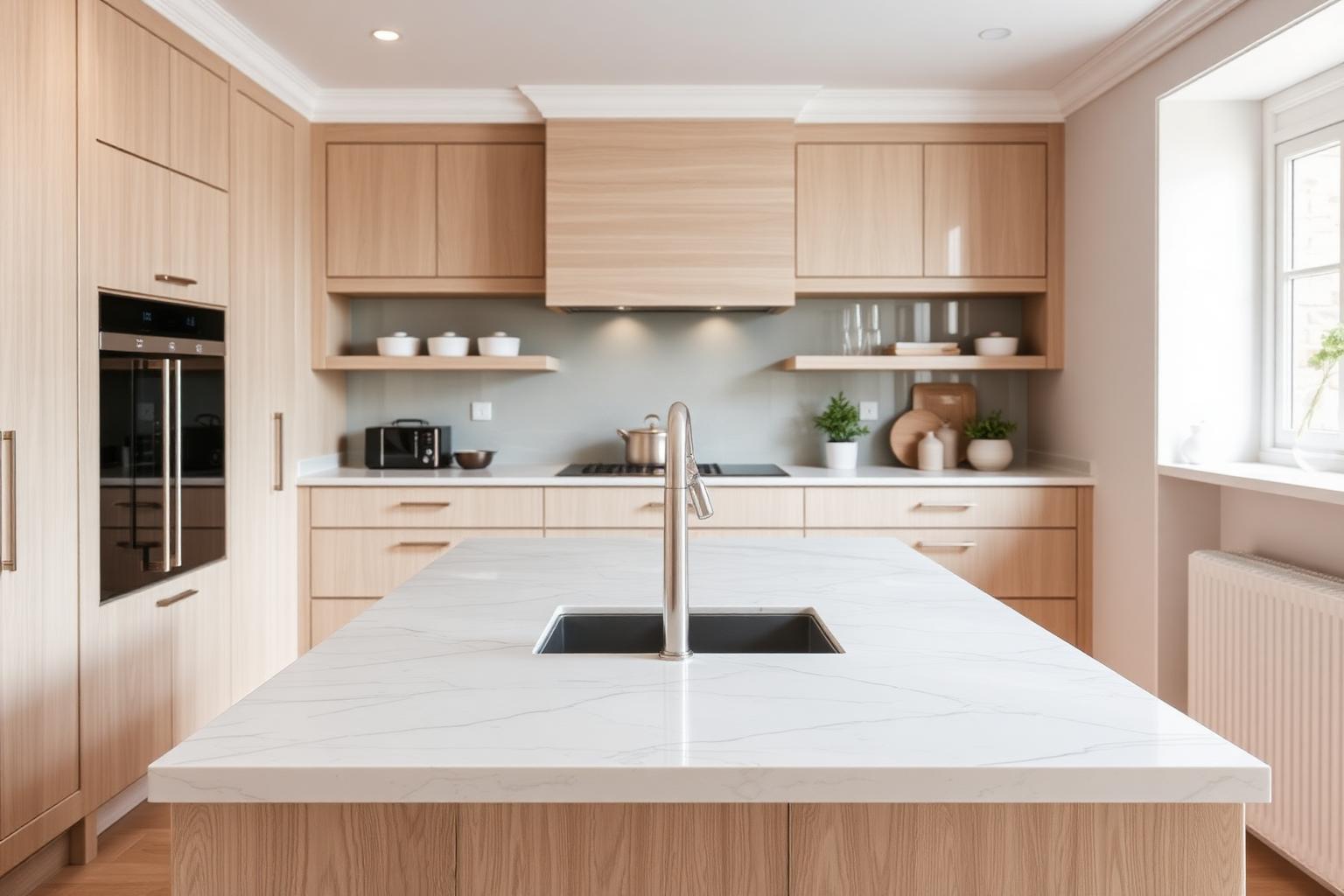 Immaculate kitchen with sparkling marble worktop